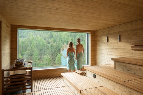 Guests can enjoy the view from the sauna in the wellness area of the Saas-Fee wellnessHostel4000.