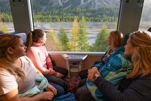 Vier Frauen sitzen im Zug und schauen aus dem Fenster. 