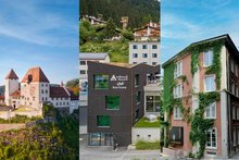 Bildcollage mit der Jugendherberge Schloss Burgdorf, den wellnessHostel 3000 in Laax und der Jugendherberge Basel